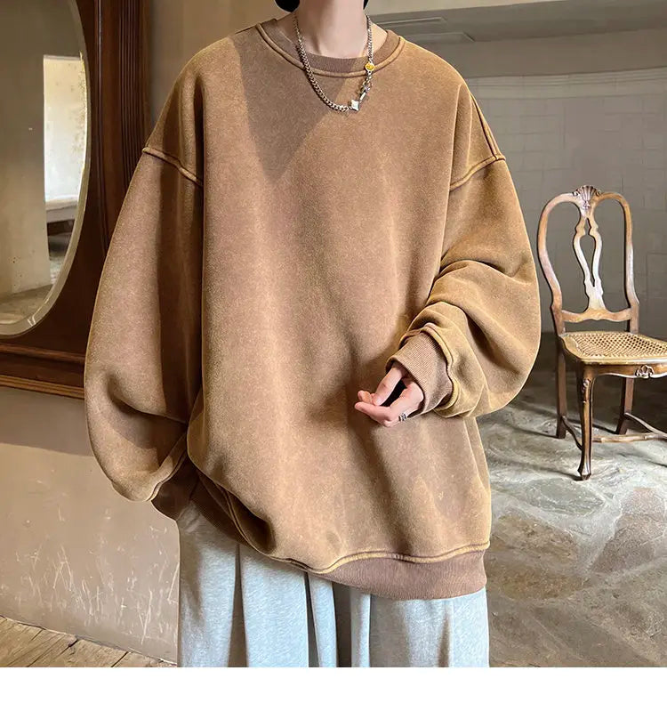 HEARUJOY  -  American Washed Old Pullovers Sweatshirts Men Loose Solid Color 2025 Autumn Large Size Warm O Neck Tops Hip Hop Y2k Sweatshirt
