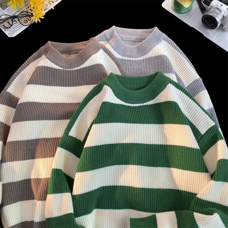 HEARUJOY  -  Men's Winter Sweater Harajuku Fashion Striped Sweter Oversize Pullover Warm Knitted Sweater Men's Clothing