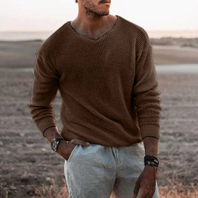 HEARUJOY  -  Men's Casual Knitted Sweater, Long Sleeve, Patchwork Color, O-Neck Tees Top, Loose Hollowed Breathable Knitwear, Streetwear