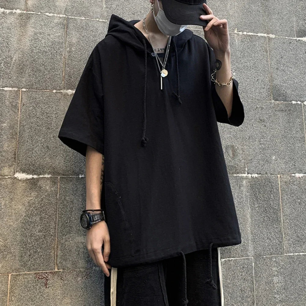 HEARUJOY  -  Casual Outing Black Men Hooded T-Shirt Oversize T Shirt Korean Style Tee Black Casual Shirt Yellow Casual Shirt