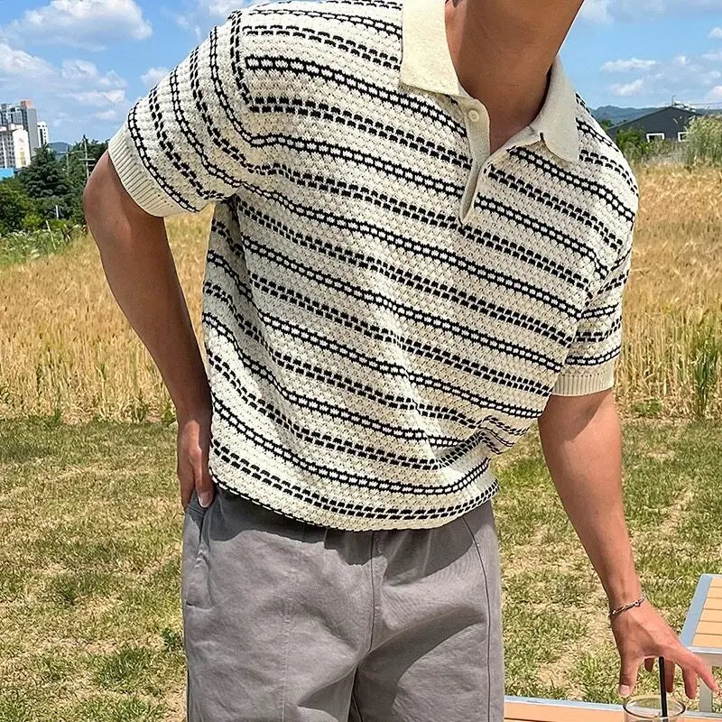HEARUJOY  -  Summer Short Sleeved T-shirt Men Slim Fit Casual Striped T Shirt Men Streetwear Korean Knitted Lapel T Shirt Mens Polo Shirt
