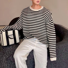 Hearujoy Mens Black White Striped Hollow Casual Thin Knitted Tops Genderless Fashionable Comfortable Cardigan Long Sleeve Shirt Unisex