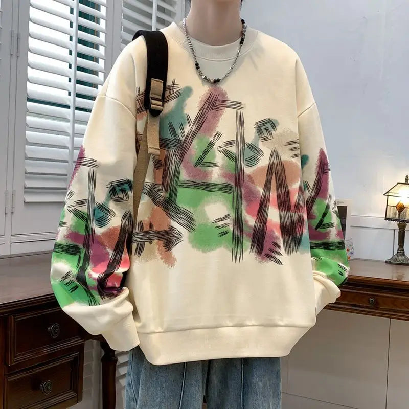 HEARUJOY  -  Men's Long Sleeve T-Shirt Graffiti Spring Autumn New Trendy Round Neck Youth Base Layer Top