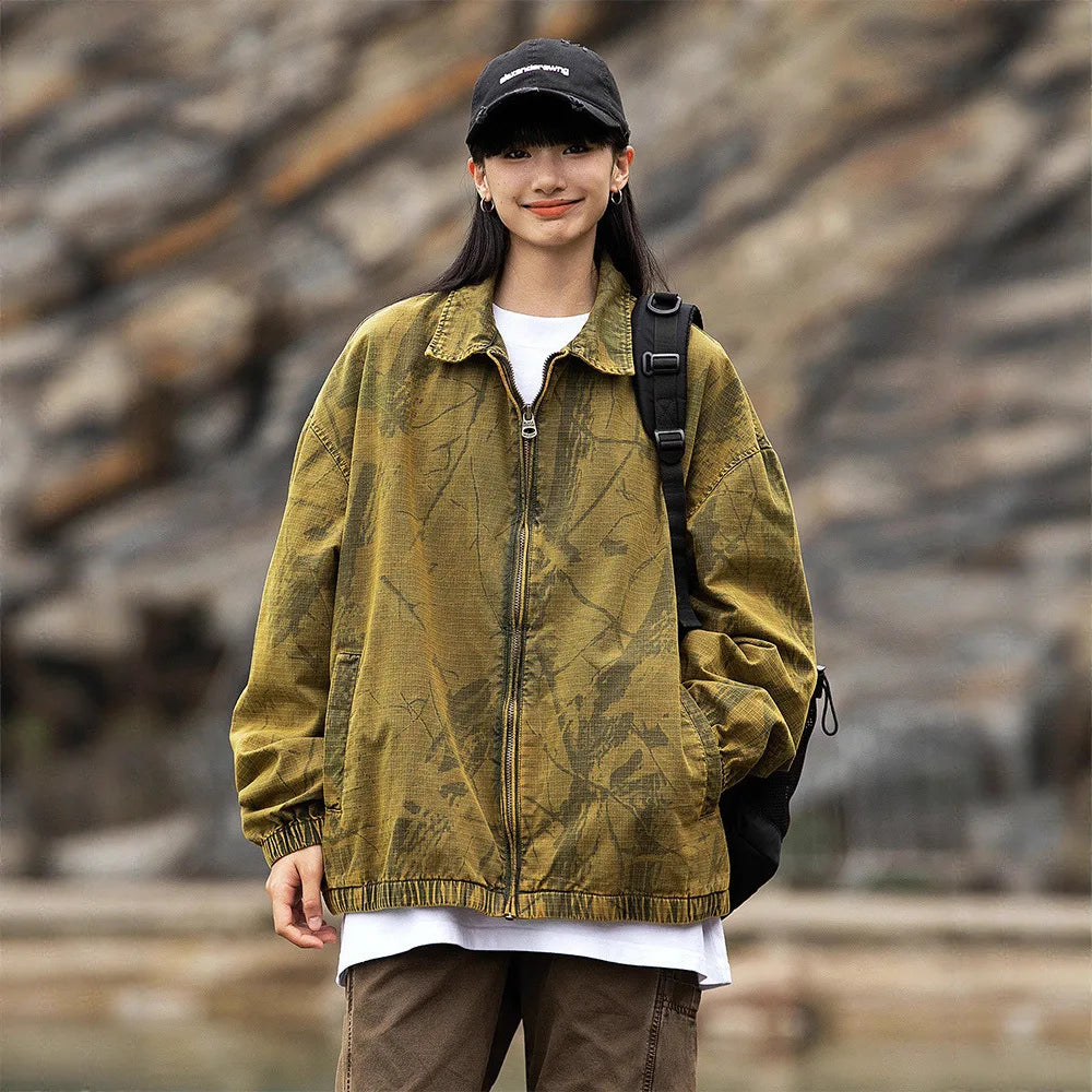 HEARUJOY  -  American High-Street Washed Camo Jacket Vintage Military Overshirt with Notch Collar Distressed Streetwear Coat for Men