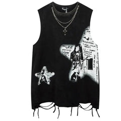 Hearujoy Mens Y2k Washed Tassel Sleeveless T-shirt 2024 New Summer Rock Print Punk Gothic Vest Streetwear Retro Harajuku Vest Unisex