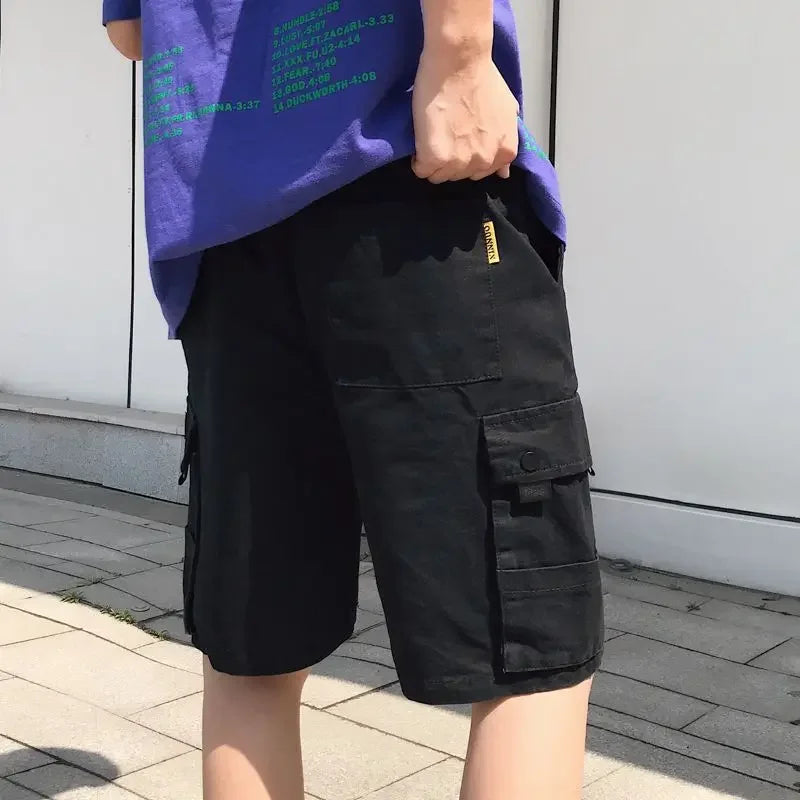 HEARUJOY  -  Oversize Wide Multi Pocket Loose Baggy Short Pants for Men Solid Big Size Elastic Waist Mens Cargo Shorts Hevy Whate Cotton Tall