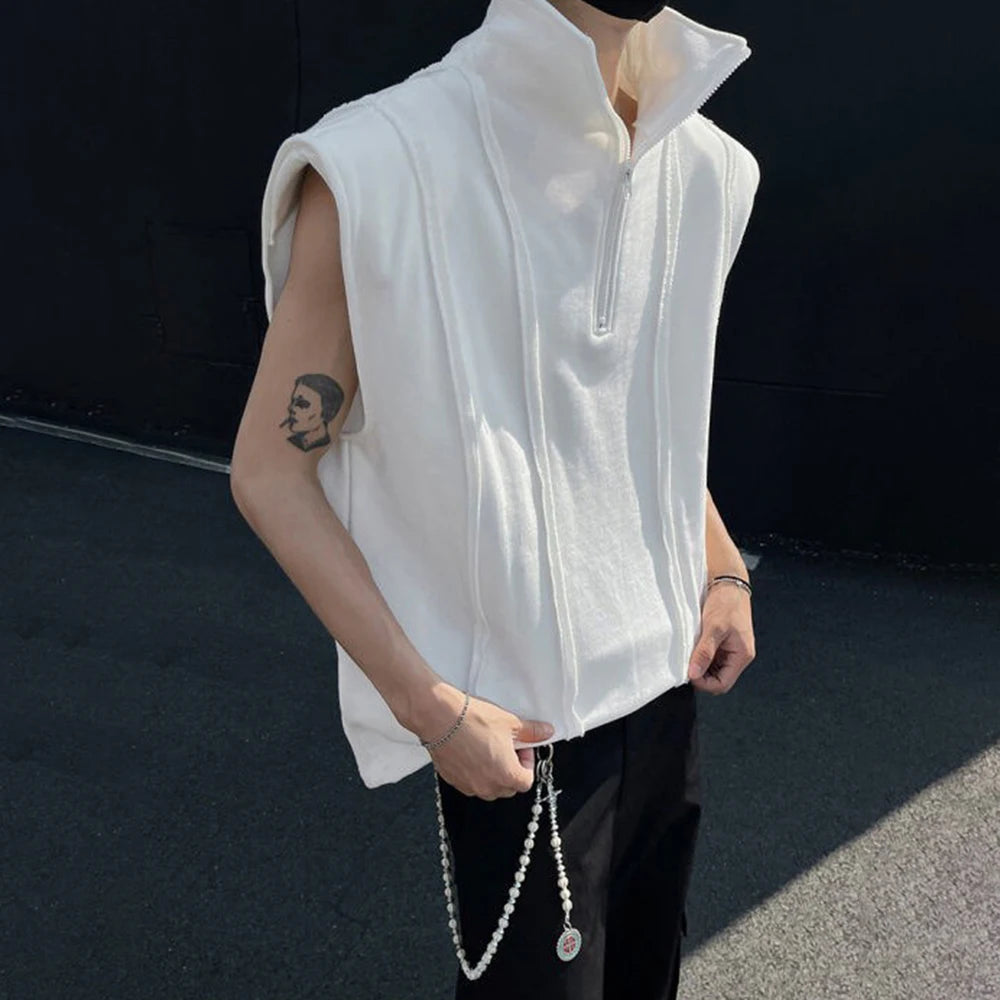 HEARUJOY  -  Mens Half Zipper Shoulder Pad Vest Streetwear Fashion Stand Collar Plain Personality Sleeveless Top Men'S Clothing 2025 New