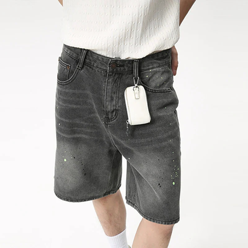 Hearujoy Men's Jeans Knee-length Summer Fashion American Style Speckled Ink Design Loose Wide Leg Denim Shorts 9C6094