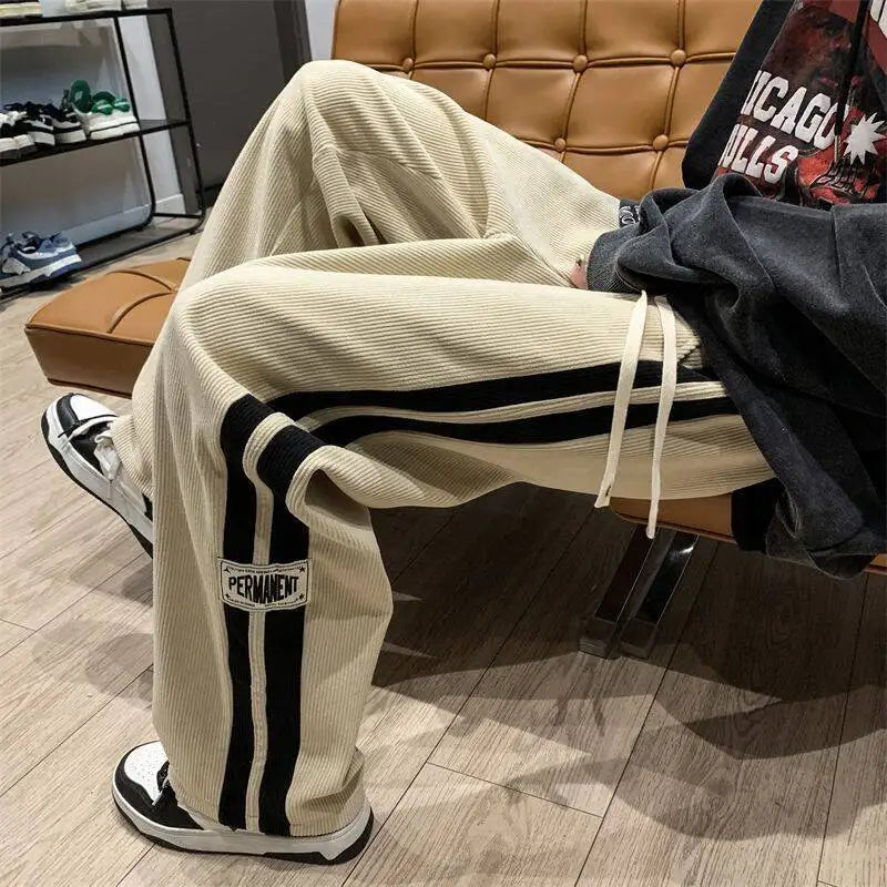 HEARUJOY  -  Side Striped Corduroy Wide-Leg Pant Men Korean Fashion Hip Hop Cargo Pant Loose Casual Straight Sports Outdoor Running Pant
