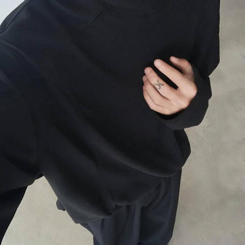 HEARUJOY  -  Autumn Long Sleeved T-shirt Men Fashion Black White Stand Up Collar T Shirt Men Streetwear Korean Loose Casual T Shirt Mens Top