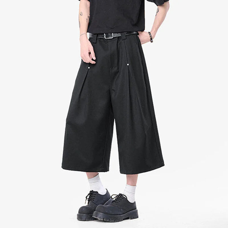 HEARUJOY  -  Korean Style Men Casual Shorts Solid Color Pleated Design Metal Design Cropped Trousers Cleanfit Male Bottom Simple