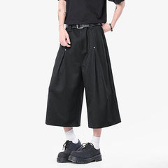 HEARUJOY  -  Korean Style Men Casual Shorts Solid Color Pleated Design Metal Design Cropped Trousers Cleanfit Male Bottom Simple