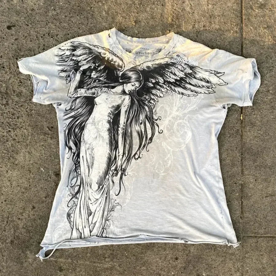 Hearujoy Affliction Long sleeved T shirt Y2K Fashion New Round Neck Oversized T shirt Mens Womens Casual Tops Streetwear Gothic Clothing