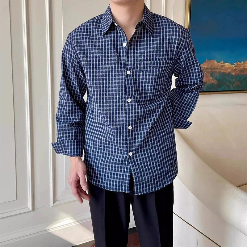 HEARUJOY  - New American Retro Men Shirts Light Luxury Textured Lapel Plaid Long Sleeve Cardigan Leisure Trendy Premium Check Blouse M-2XL