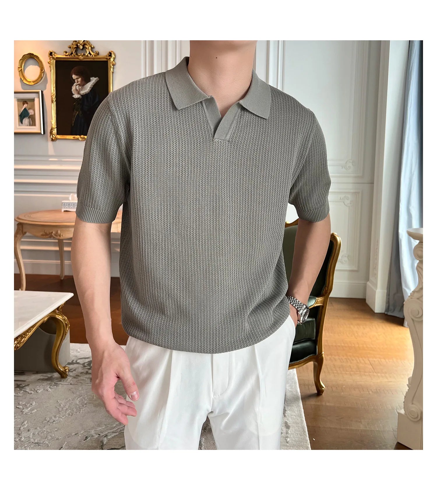 HEARUJOY  -  New Fashion Business Tops Men's Polo Shirt Light Luxury Leisure Knitted V Neck T-shirts for Man Korean Popular Short Sleeve Tees