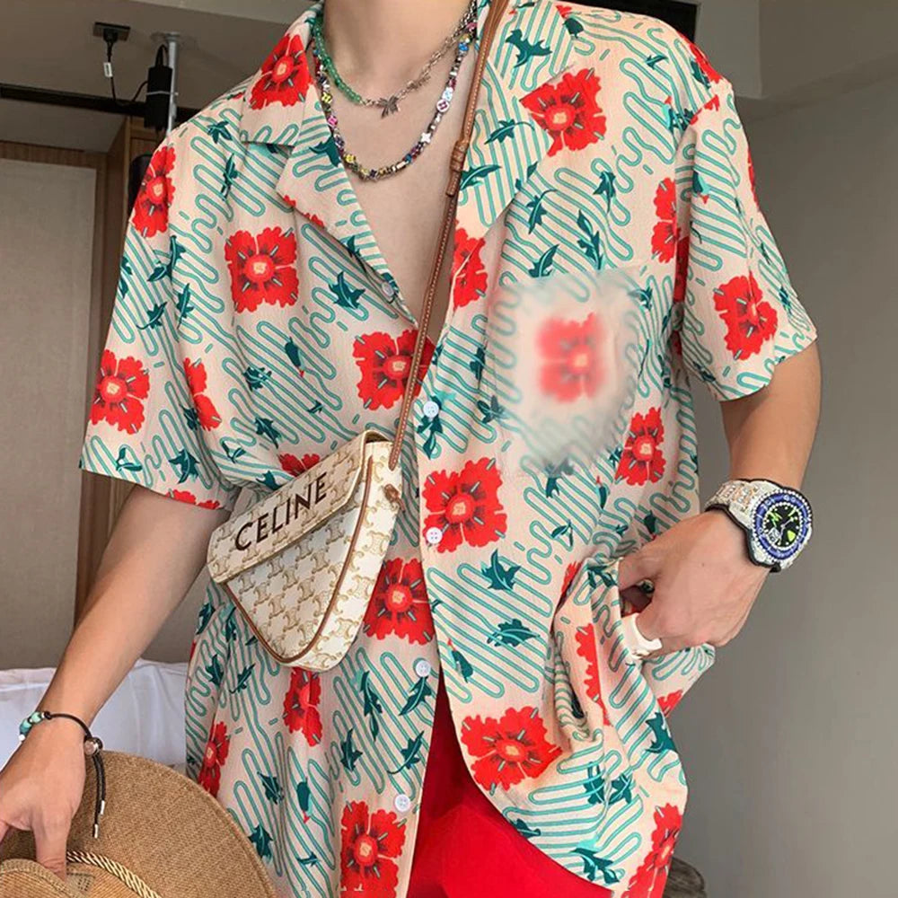 Hearujoy 2024 Fashion Flower Shirts Men Hawaiian Shirt Printing Summer Vacation Beach Lapel Short Sleeve Streetwear Genderless Clothing