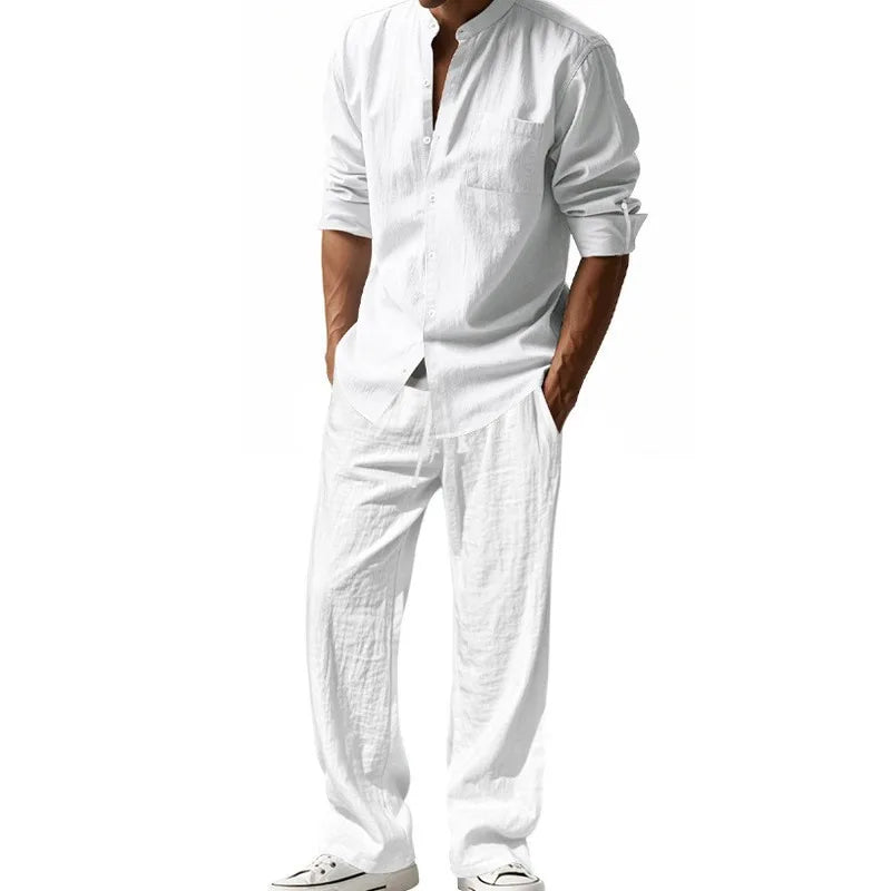 HEARUJOY  -  Men's Four-season Linen Loose and Breathable Long-sleeved Shirt, Casual Long Pants, Beach Suit