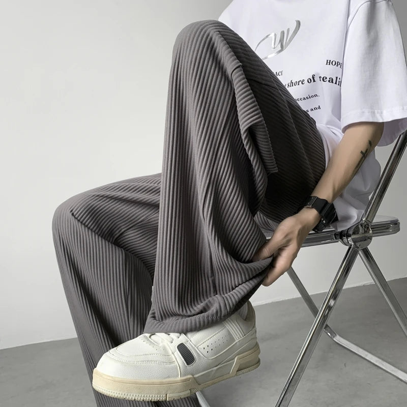 Hearujoy Summer Casual Pants Men Fashion Oversized Wide Leg Pants Men Trousers Streetwear Korean Loose Pleated Pants Mens Ice Silk Pants