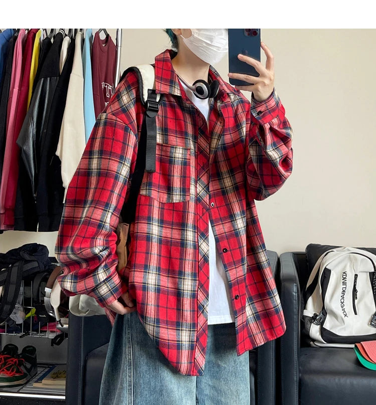 HEARUJOY  -  New in Spring Men's Shirts Classic Harajuku Long Sleeved Plaid Shirt Red Checkered Shirt Chemise Homme Cotton Male Check Shirts