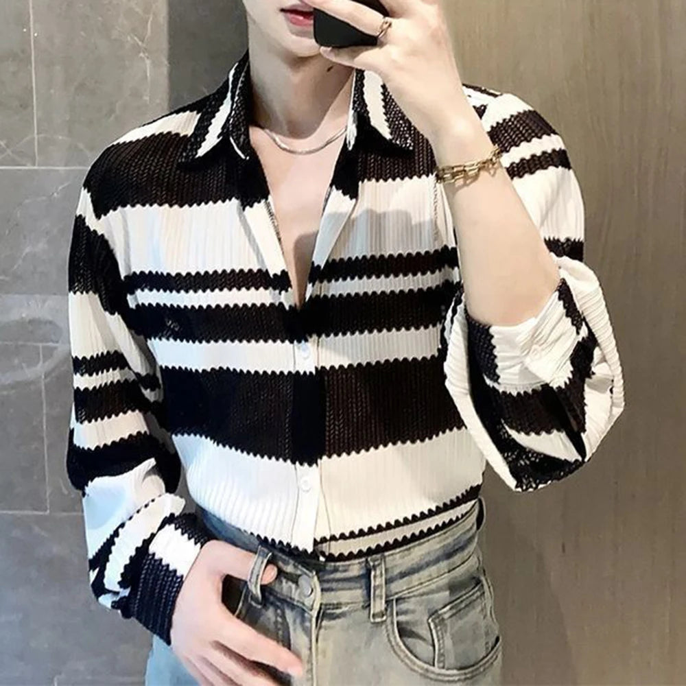 Hearujoy Mens Casual Splicing Striped Long-Sleeved Shirt Genderless 2024 New Fashion Individuality Retro Thin Hollow Loose Top Unisex