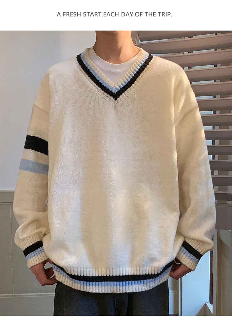 HEARUJOY  -  Preppy V-neck Sweater for Men Couples Pullovers Ins Knitted Top Autumn Korean Trendy Loose-fit Line Clothes for Students Youth