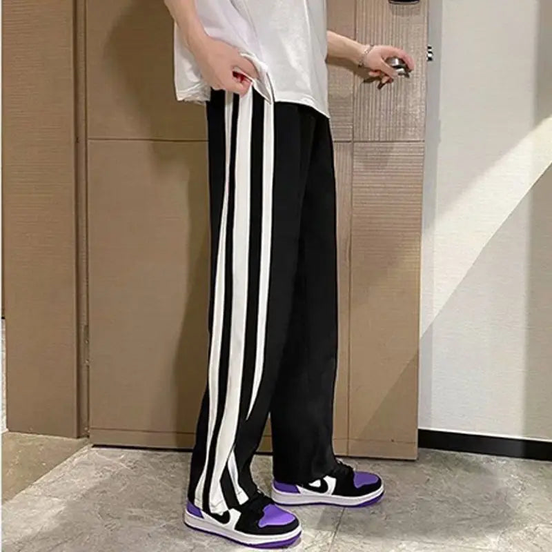 Hearujoy Fashion Preppy Style Loose Student Striped Sports Casual Straight Pants Men Elastic Waist Drawstring Pocket Wide Leg Trousers