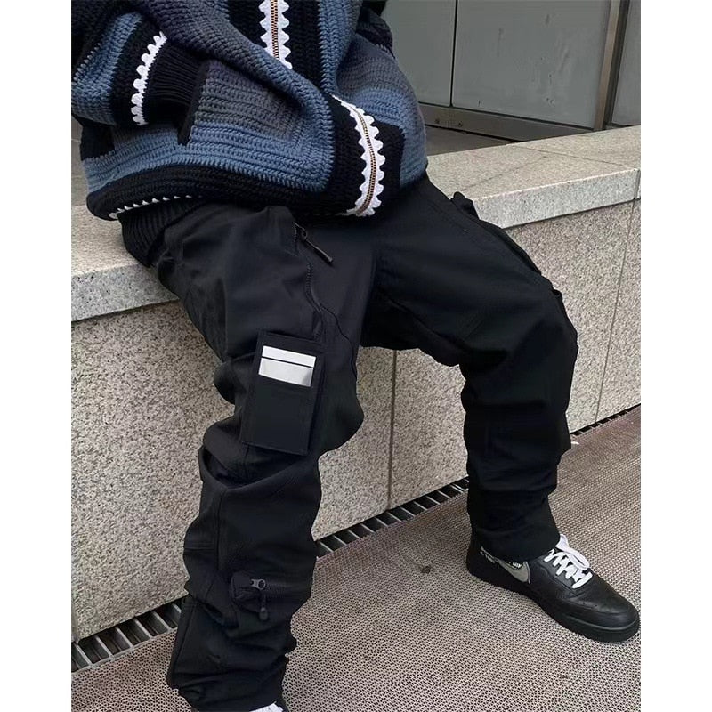 Hearujoy Hip Hop Cargo Pants Men Multi-pocket Patchwork Streetwear Joggers Trousers High Street Function Pant Elastic Waist Male Black