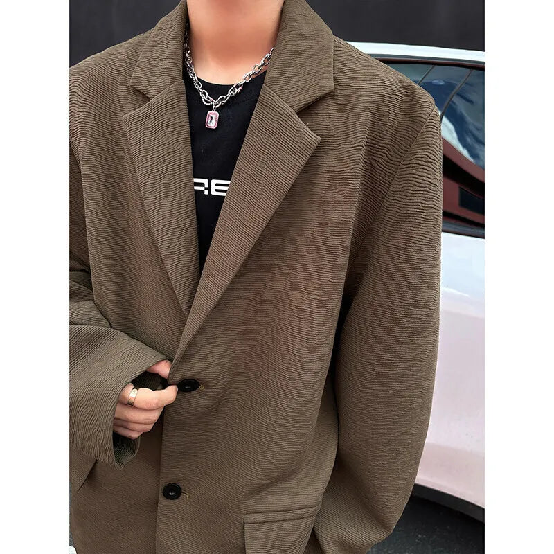 HEARUJOY  -  Brown Blazer Men Fashion Society Mens Black Dress Jacket Korean Loose Casual Pleated Suit Jacket Mens Office Formal Jackets