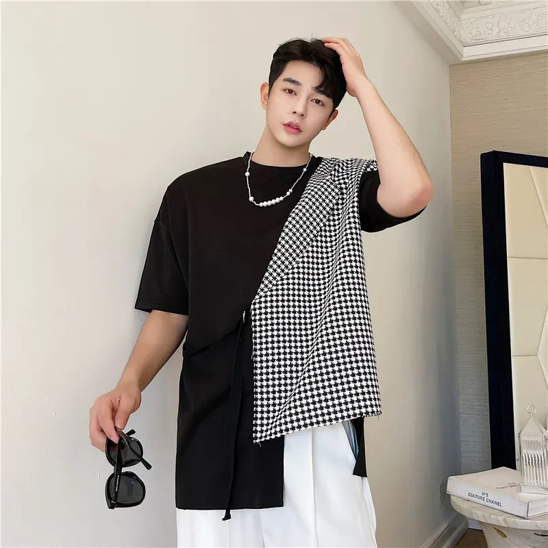 Hearujoy Korean Summer Men's Wear Fake Two Pieces Contrast Color Patchwork Suit Collar Casual T Shirt Sleeve Men's Collar Tee Tops