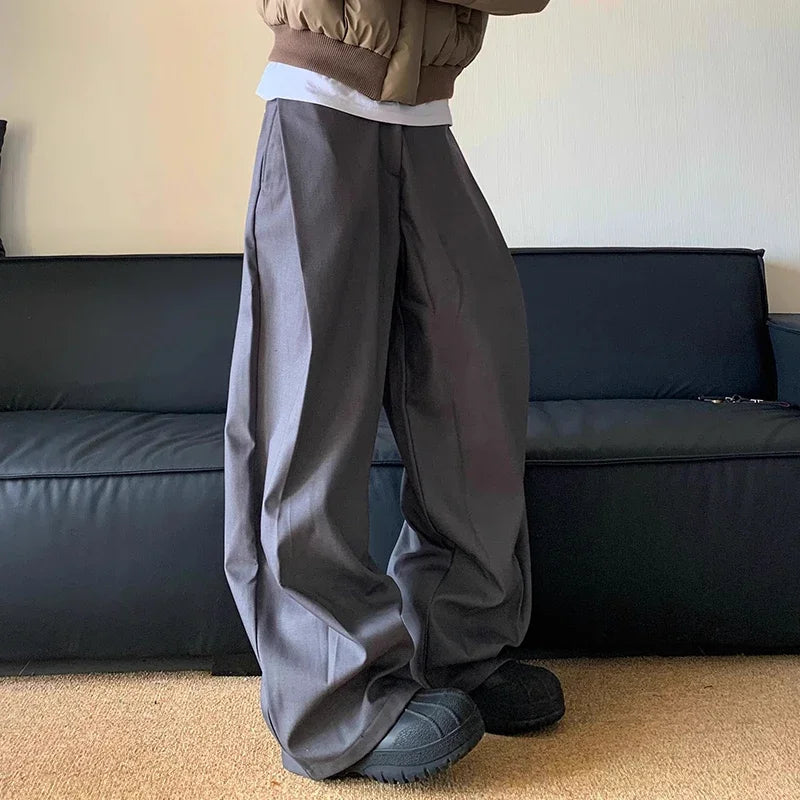 Hearujoy Summer New Gray Straight Pants Niche Straight Leg Casual Trousers for Men Women Oversized Wide Leg Pleated Versatile Long Pants