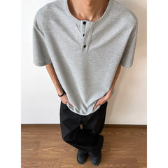 HEARUJOY  -  Summer Short Sleeved T-shirt Men Black White Casual T Shirt Men Streetwear Korean Loose Round Neck Button T Shirt Mens Top M-3XL