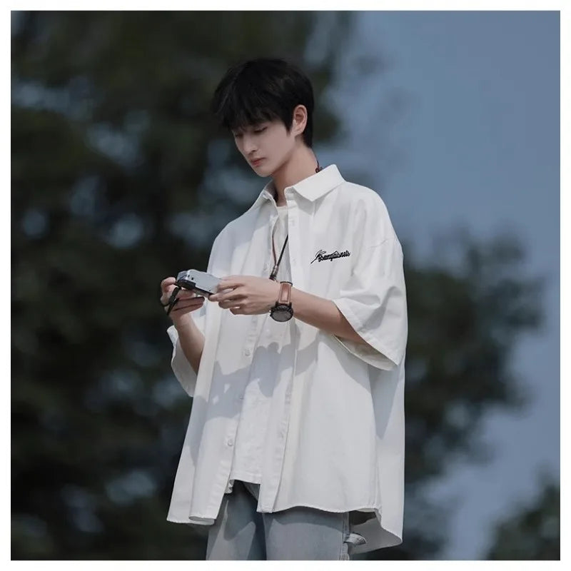 HEARUJOY  -  Retro Japanese Men's Casual Short Sleeve Shirt Spring Summer Loose Fit Versatile Youth Button Loose Half Sleeve Blouse Shirts