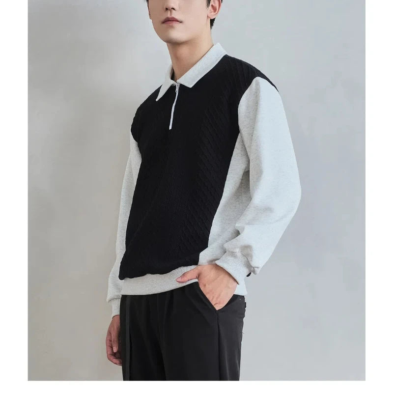 HEARUJOY  -  Trend Fashion Men Polo Shirts Spring Autumn New Lapel Half Zipper Fake Two Pieces Contrast Color Korean Casual Long Sleeve Tops