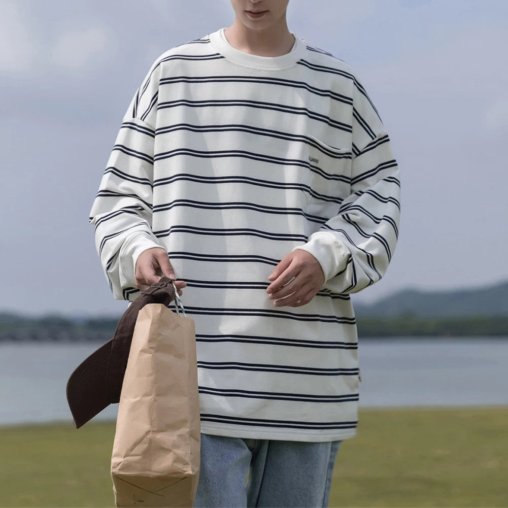 HEARUJOY  -  Casual Stripe Top Korean Style T-shirt Stripe Pattern Brand New Condition For Casual Wear Men Korean Style T-shirt