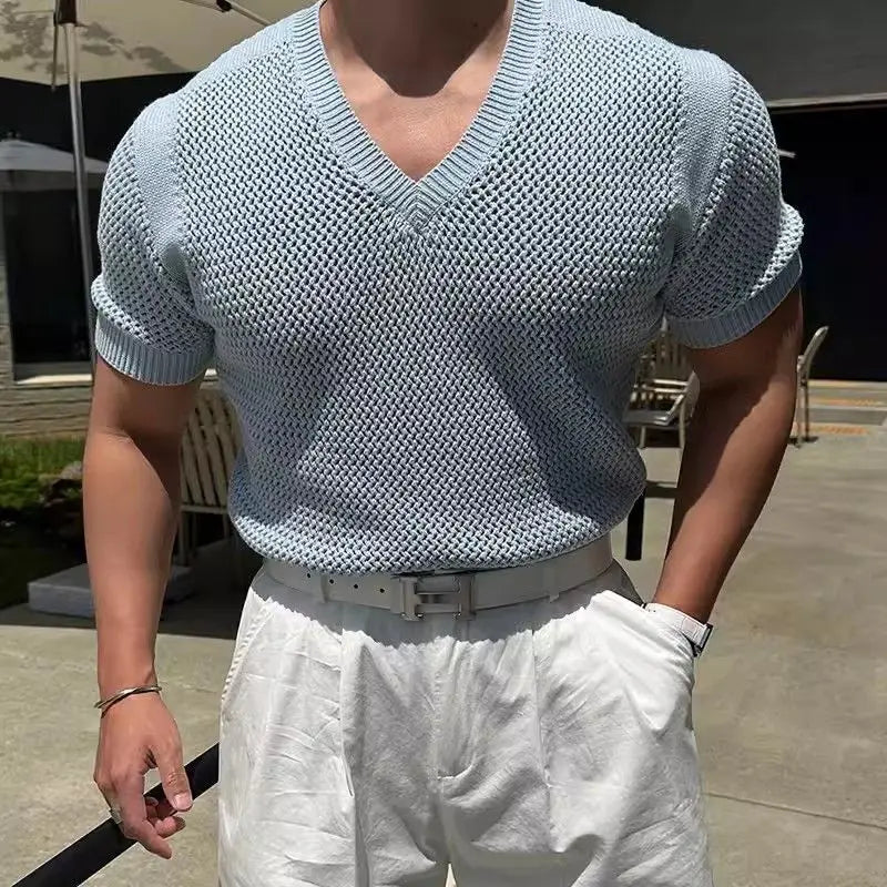 HEARUJOY  -  Summer Men Light-mature V-neck Handsome Temperament Three-dimensional Texture Hollow Knitted Short-sleeved T-shirt Korean