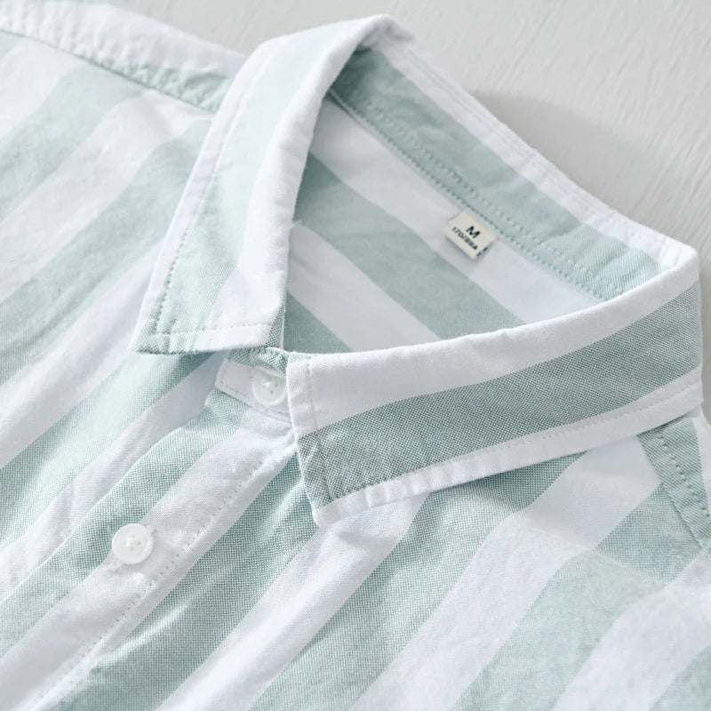 HEARUJOY  -  Harajuku Cotton Striped Shirt Men Japanese Style Summer Holiday Beach Short Sleeve Shirts for Man Clothing Camisa Masculina