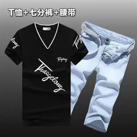 HEARUJOY  -  Summer Men Set Cotton T-Shirts Denim shorts New Tide Cowboy Shorts two Piece suits  Handsome Men's Sets
