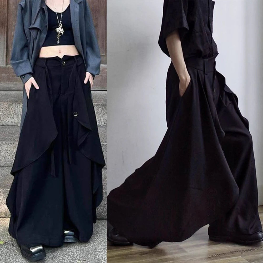 HEARUJOY  -  Y2k Dark Gothic Layered Skirt Pants Samurai Pants Hakama Streetwear Irregular Fashion Wide-Leg Pants Old Money Unisex New