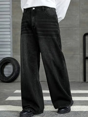 HEARUJOY  -  Men'S Loose Fit Black Denim Wide Leg Jeans with Raw Wash Detail - Comfortable, Versatile All-Season Wear, Casual Denim Jeans| fl