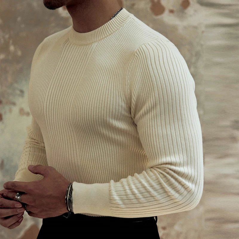 HEARUJOY  -  Trendy Bottoming Tees Mens Knitted Solid Color Texture Long Sleeve T-shirts For Men Spring Fall Stylish Slim Stretch O Neck Tops