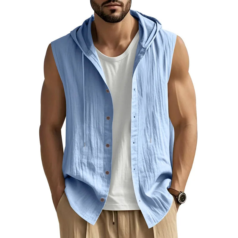 HEARUJOY  -  Summer Men's Casual Sleeveless Hooded Shirt, Linen Hooded Solid Color, Breathable and Loose Top