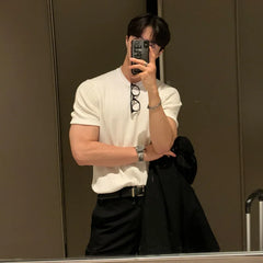 HEARUJOY  -  Men's Clothing Luxury Knitted T Shirt Casual Korean O Neck Solid Color Short Sleeve Tees for Men Breathable Summer Knitwear