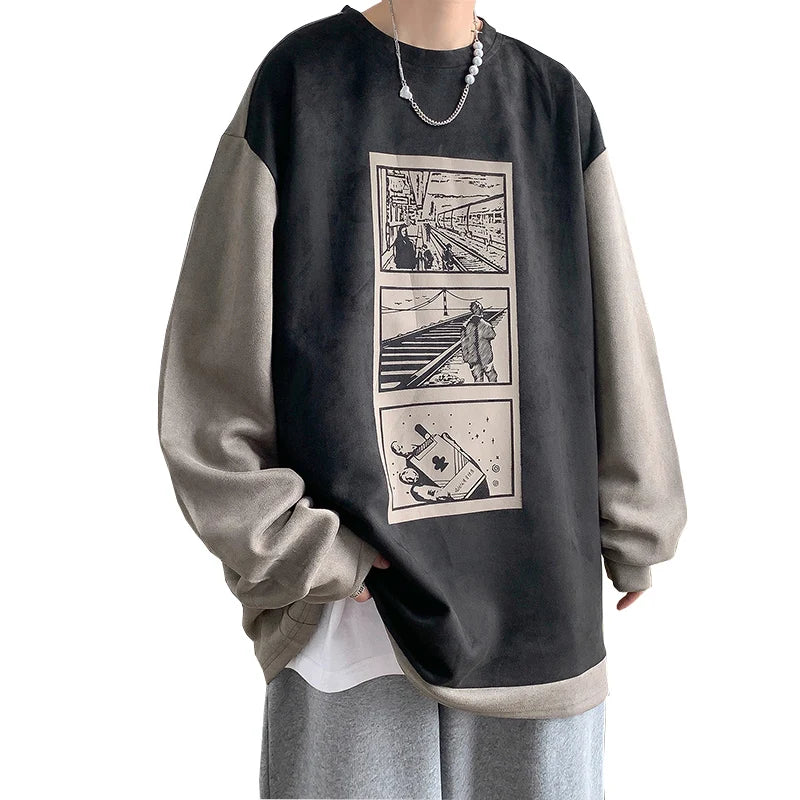 HEARUJOY  -  Mens Crewneck Sweatshirt Men Graffiti Oversized Japanese Streetwear Hip Hop Black Hoodie Men Sweatshirts Hoodies