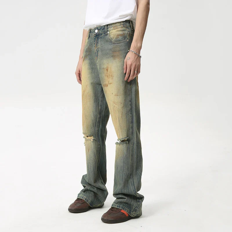 Hearujoy Fashion Loose Men's Straight Pants American Style Casual Hole Worn Design Make Old Wide Leg Jeans Summer 9C6091