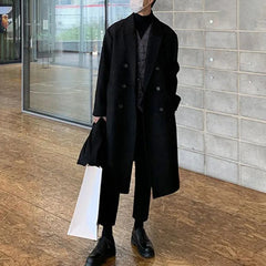 Hearujoy Mens Double-Breasted Mid-Length Coat Autumn Winter Genderless Korean Style Fashion Commuter Thickened Elegant Retro Coat Unisex