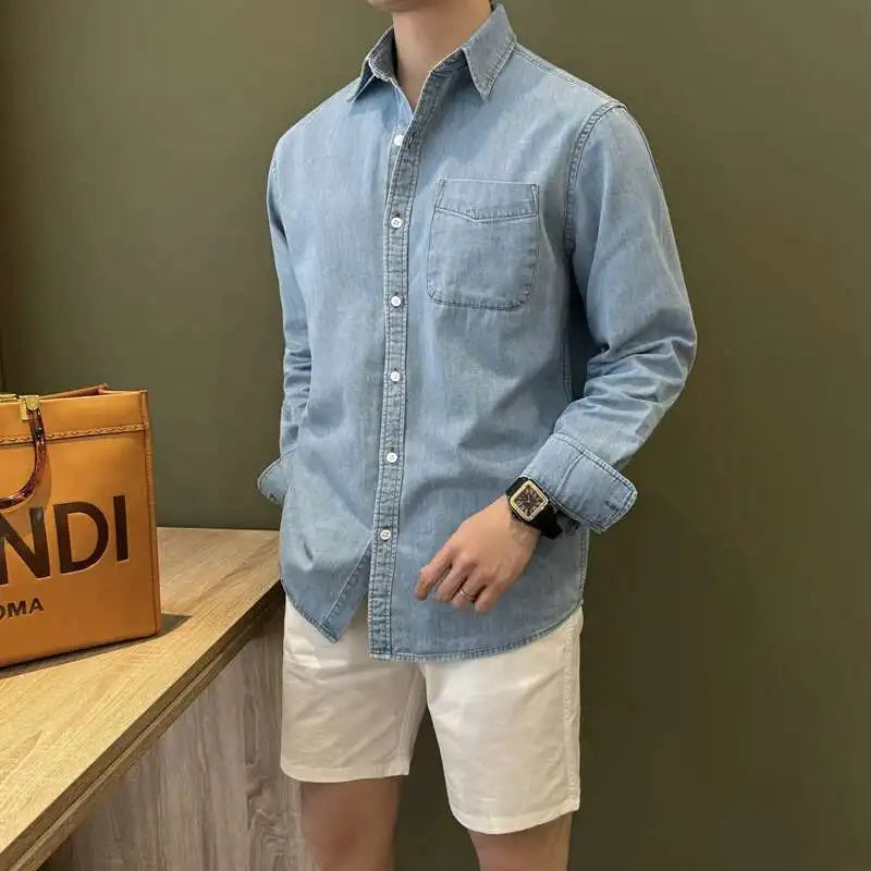 HEARUJOY  -  Lapel Collar Cotton Blend Denim Shirt Long Sleeve Shirt Retro Shirt British Versatile Casual Shirt Man Camisa Social Masculina