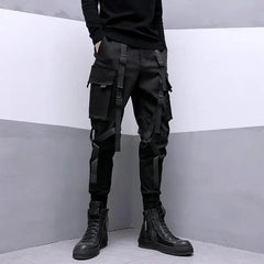 Hearujoy Techwear Black Cargo Pants for Men Cargo Trousers Male Japanese Streetwear Hip Hop Spring Ribbon Pocket Harajuku Fashion