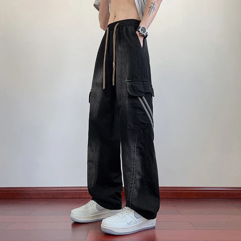 HEARUJOY  -  Summer Wide Leg Washing Jean Flap Pockets Lightweight Cargo Pants Men Street Trousers Loose Casual Thin Summer Pant Big Size 8xl