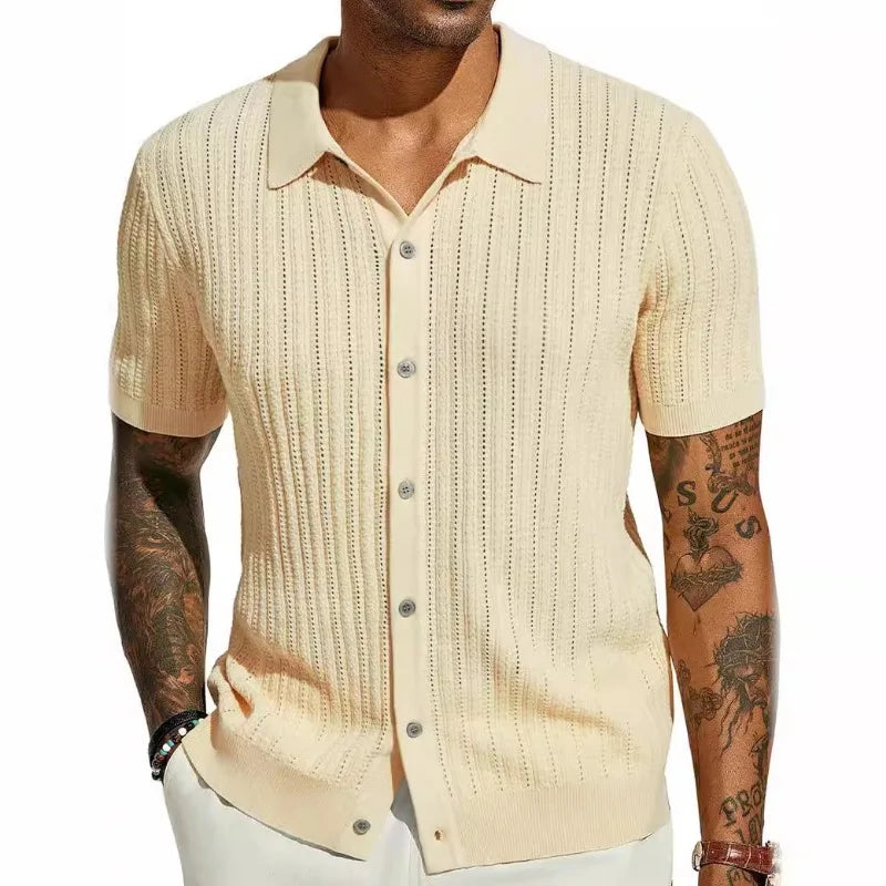 HEARUJOY  -  Men's Casual Top Summer Cool Knit Shirt Short Sleeve Lapel Solid Color Hollow Breathable Top
