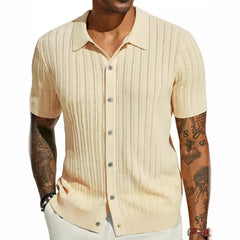 HEARUJOY  -  Men's Casual Top Summer Cool Knit Shirt Short Sleeve Lapel Solid Color Hollow Breathable Top